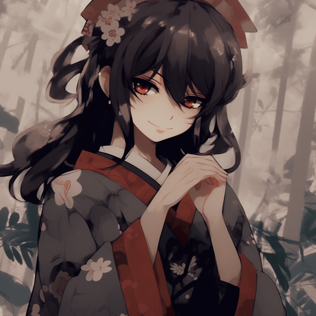 Anime girl dressed in a traditional kimono, traditional patterns and muted colors. anime pfp aesthetic girl concepts