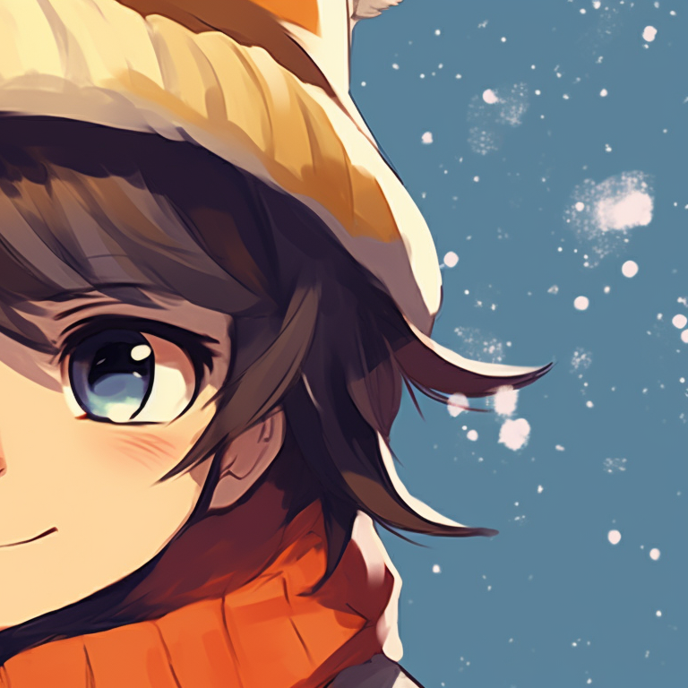 Two characters in matching holiday sweaters, intricate knit patterns and blushes hinting at the cold. boy matching hat kid christmas pfp pfp for discord.