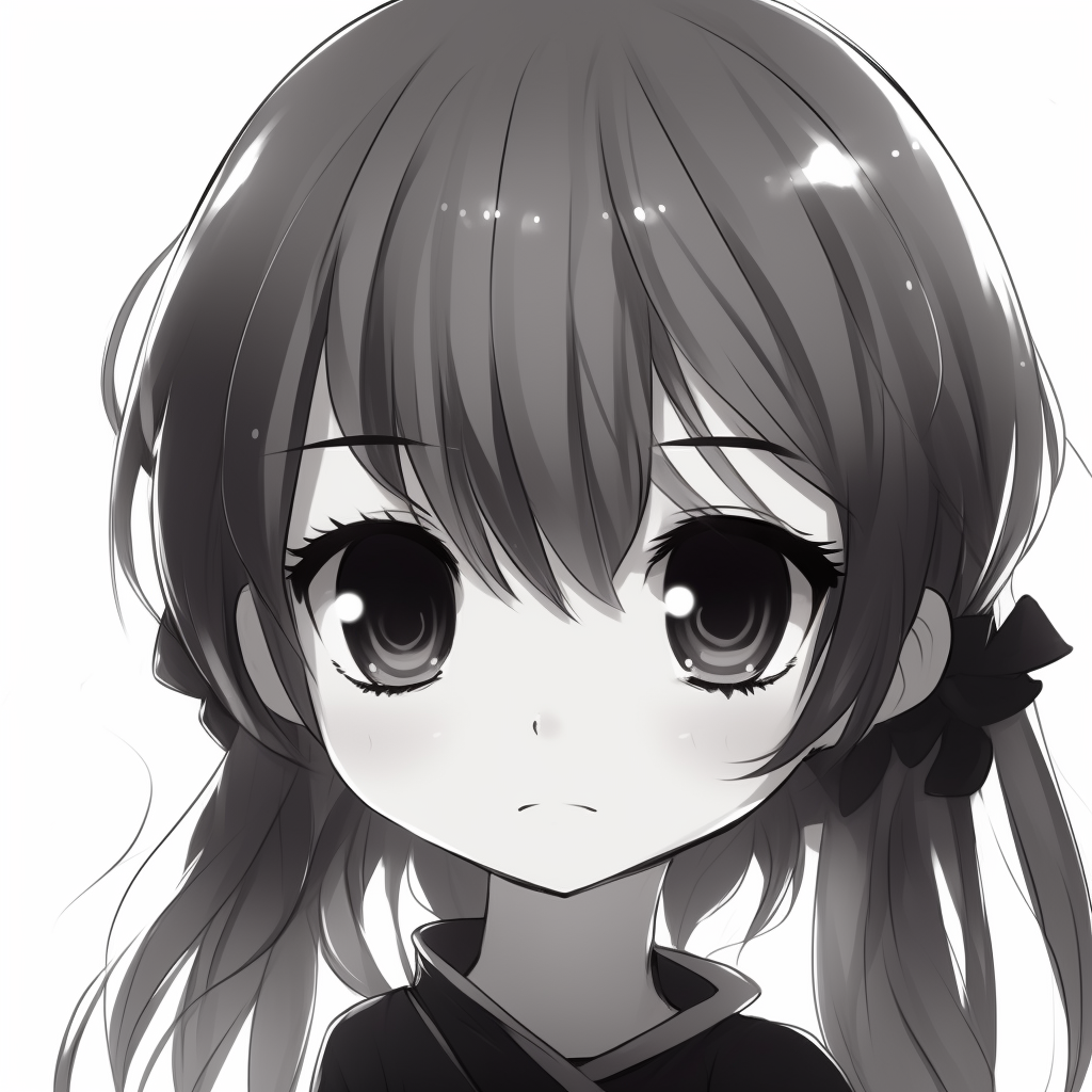 Black and white image of a playful catgirl, stylized hair and cat ears prominent. adorable anime profile picture in black and white