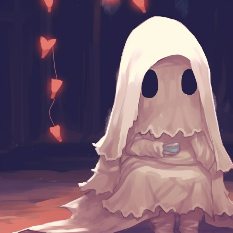 Two ghost characters, sharing a hushed conversation, with snow falling around them. fashionable matching cute ghost christmas pfp pfp for discord.