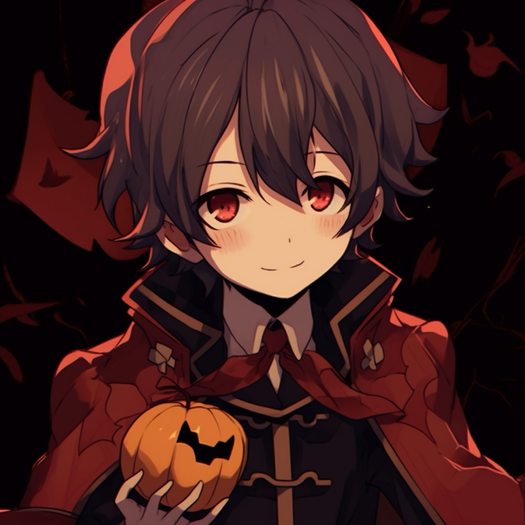 Halloween-themed anime profile of a vampire boy with glowing eyes, detailed shading, and cool color tones. adorable halloween anime pfp