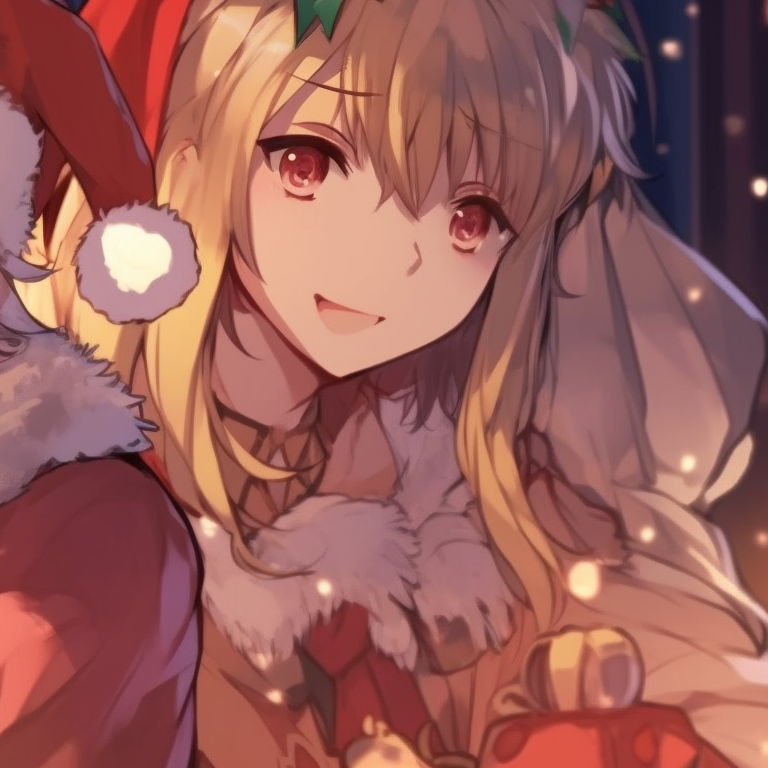 Two characters dressed in Christmas costumes, detailed embroidery, standing near a Christmas tree. festive matching christmas pfp anime pfp for discord.