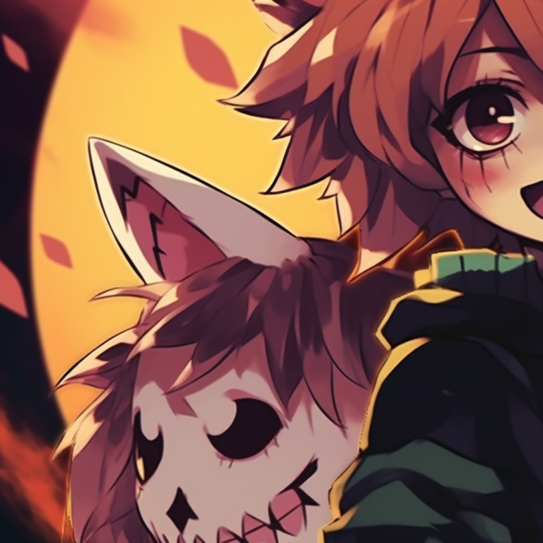 Todoroki and Yaoyorozu in creepy costumes, cold colors, and icy expressions. mha matching pfp halloween theme group suggestions pfp for discord.