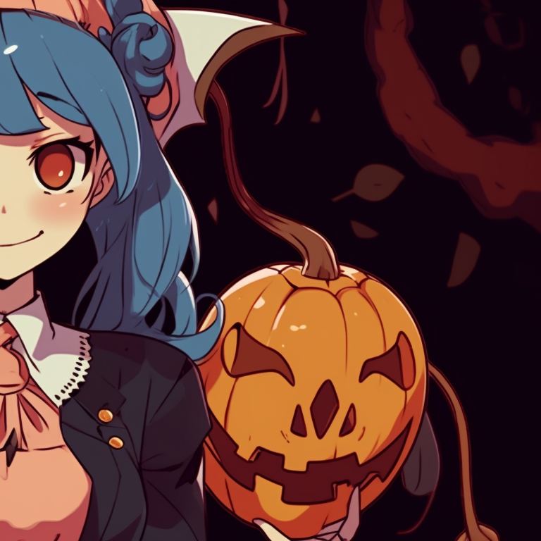 Two characters in battle stances, heavy shadows and strong backlights, dressed in samurai armor with Halloween decorations. matching anime pfp gif halloween theme sets pfp for discord.