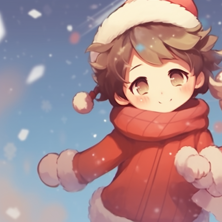 Two characters holding hands, surrounded by falling snow, soft pastel colors. playful matching christmas pfp cartoon pfp for discord.