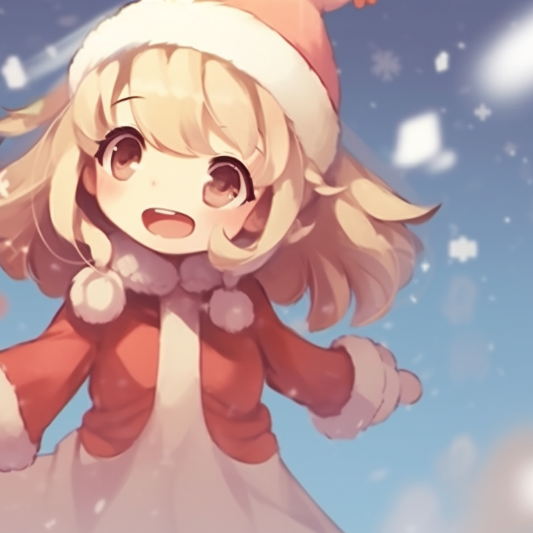 Two characters holding hands, surrounded by falling snow, soft pastel colors. playful matching christmas pfp cartoon pfp for discord.