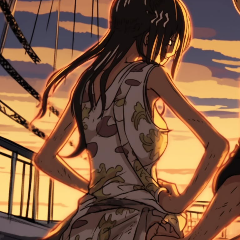 Two characters on a ship deck, dynamic lighting and detailed linework. one piece matching pfp ideas pfp for discord.