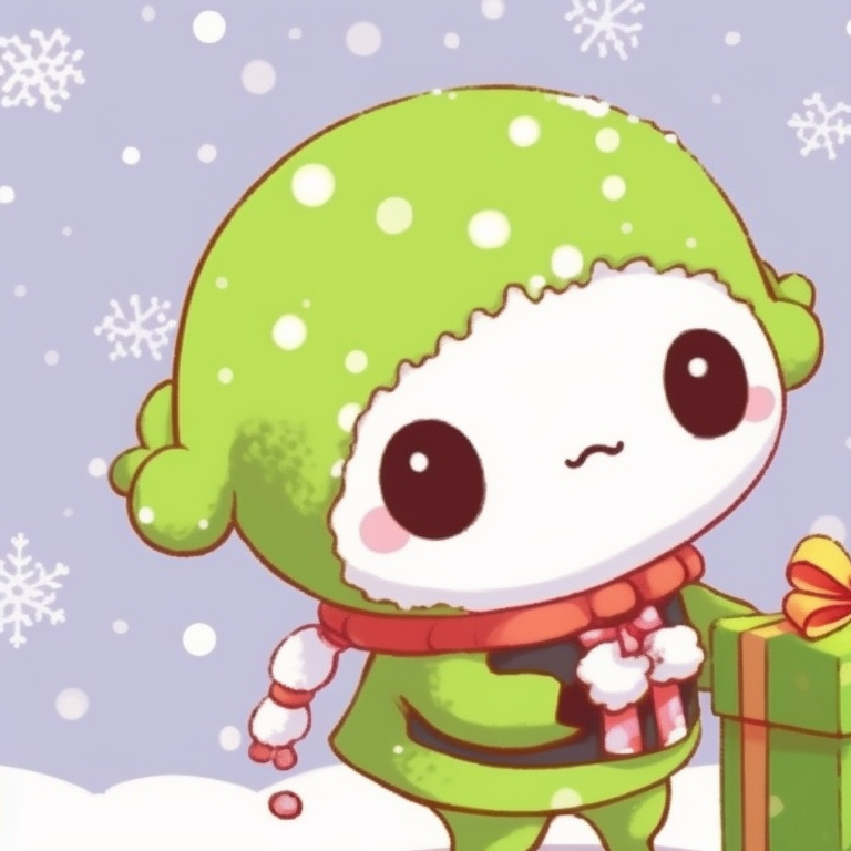 Keroppi and Pochacco sharing a shared Christmas gift, on a snowy background. best matching sanrio christmas pfp for festivities pfp for discord.