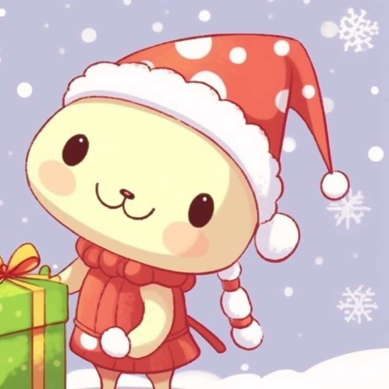 Keroppi and Pochacco sharing a shared Christmas gift, on a snowy background. best matching sanrio christmas pfp for festivities pfp for discord.
