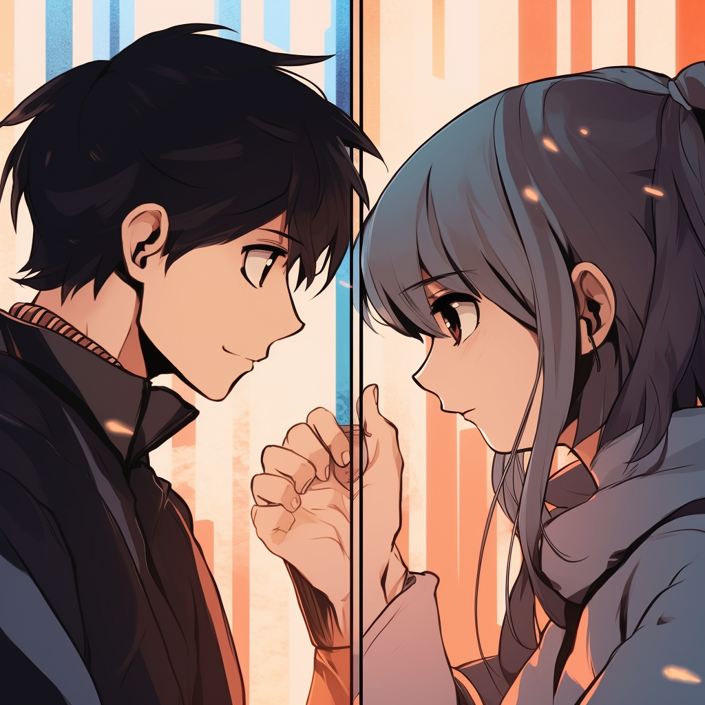 Two anime characters romantically gazing at each other in separate square frames, sharp lines and cool colors. apart yet together: unique matching anime pfp for long-distance couples