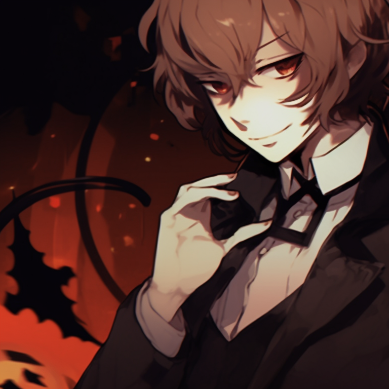 Dazai and Chuuya in elaborate, elegant Halloween costumes, rich detailing with muted tones. osamu dazai halloween anime pfp pfp for discord.