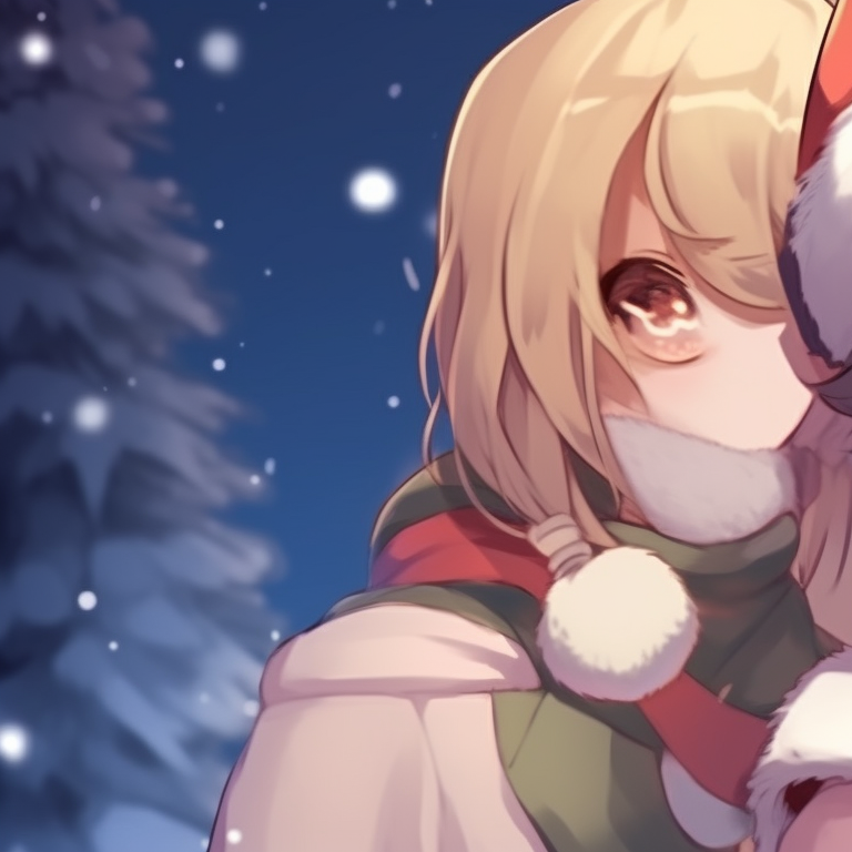 Two characters, soft pastel colors and snowflakes in the background, sharing a scarf. adorable matching christmas discord pfp pfp for discord.