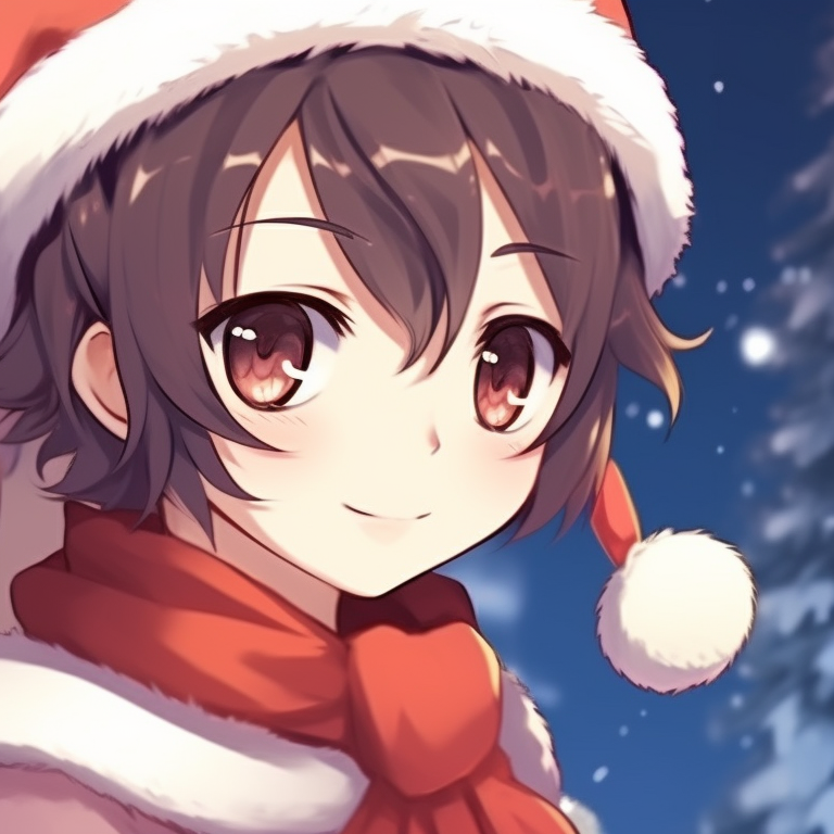 Two characters, soft pastel colors and snowflakes in the background, sharing a scarf. adorable matching christmas discord pfp pfp for discord.