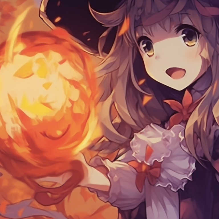 A pair of anime characters coupled under Halloween’s eerie moonlight, one holding a candle-lit lantern and the other a broomstick, an atmospheric background due to the darker shades and cooler hues. thanksgiving matching pfp with halloween theme for her pfp for discord.