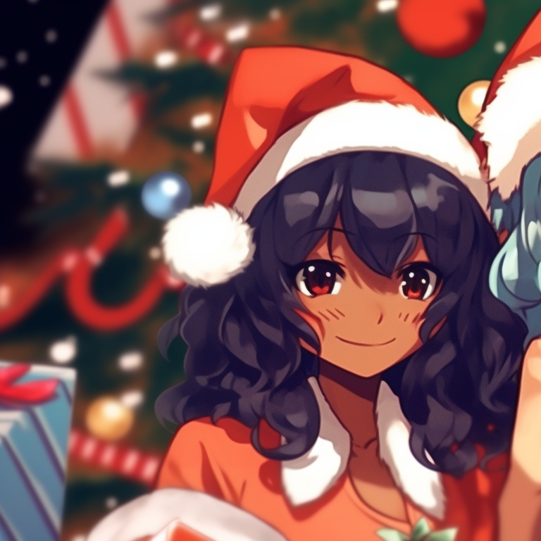 Two characters in matching tinsel outfits, rich hues and dynamic lines. gifs for matching christmas pfp in preppy style pfp for discord.