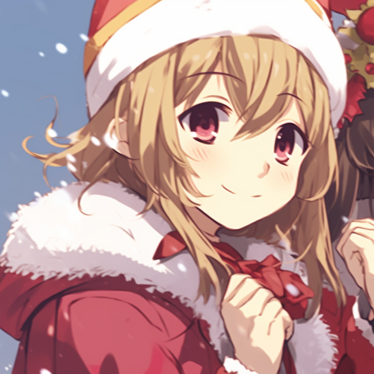 Two characters in winter outfits, bright reds and whites, holding a Christmas wreath. anime inspired matching christmas pfp gif pfp for discord.