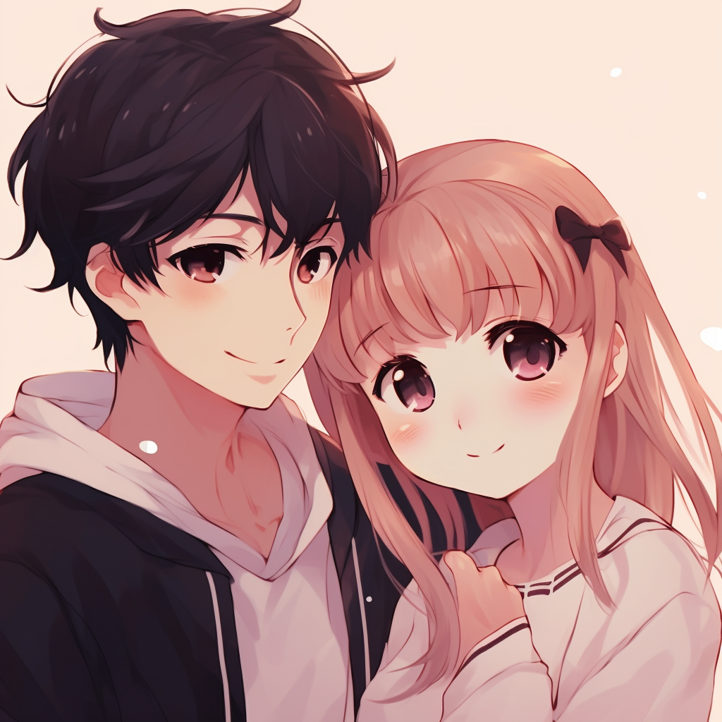 Anime couple with an aura of mystery around them, dark tones and subtle details. animated matching couple pfp