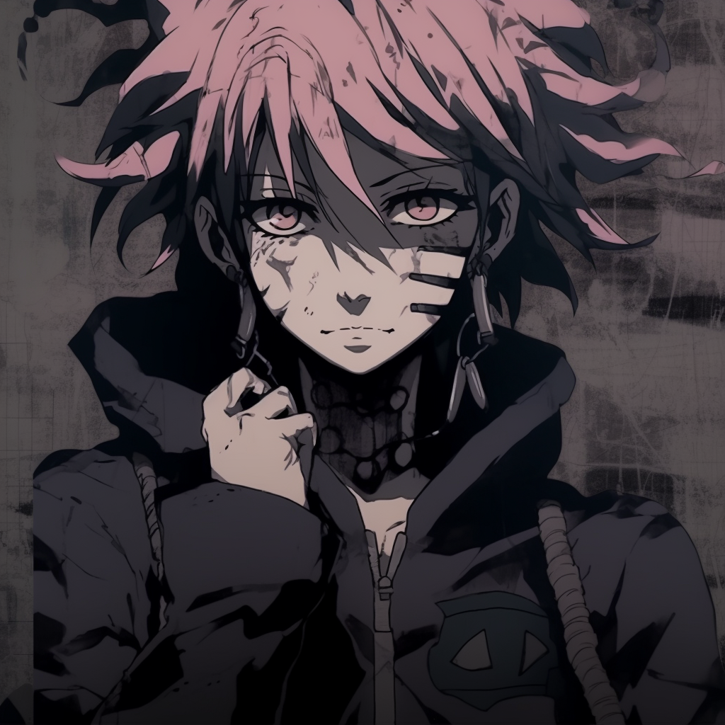 Sakura Haruno reimagined in a grunge style, high contrast details and rough linework. grunge anime aesthetic pfp