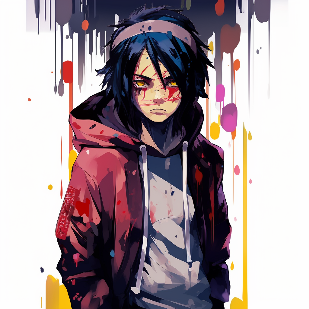 Sasuke Uchiha in streetwear drip style, bold lines and vibrant colors. charming drip anime characters pfp for discord.