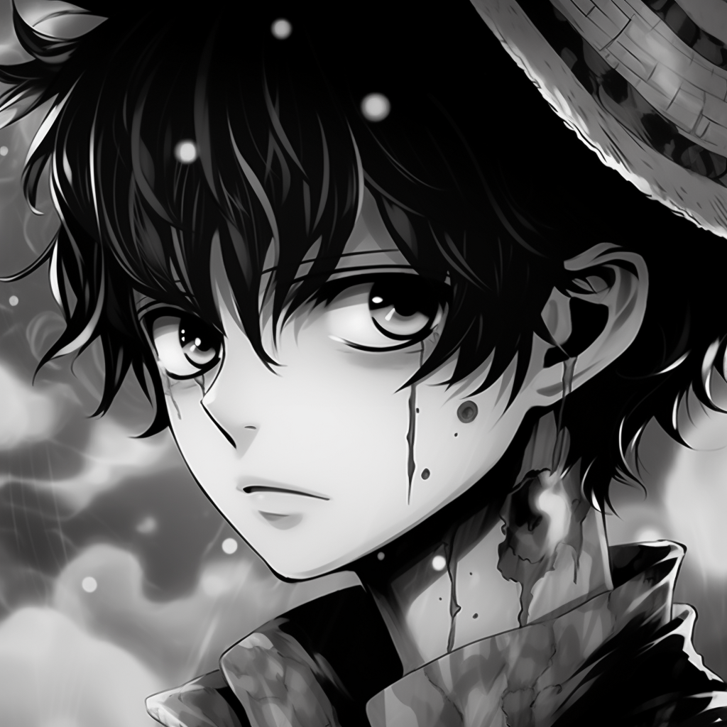 Close-up of Luffy's face in black and white, capturing expression with fine detailing. top black and white anime pfp