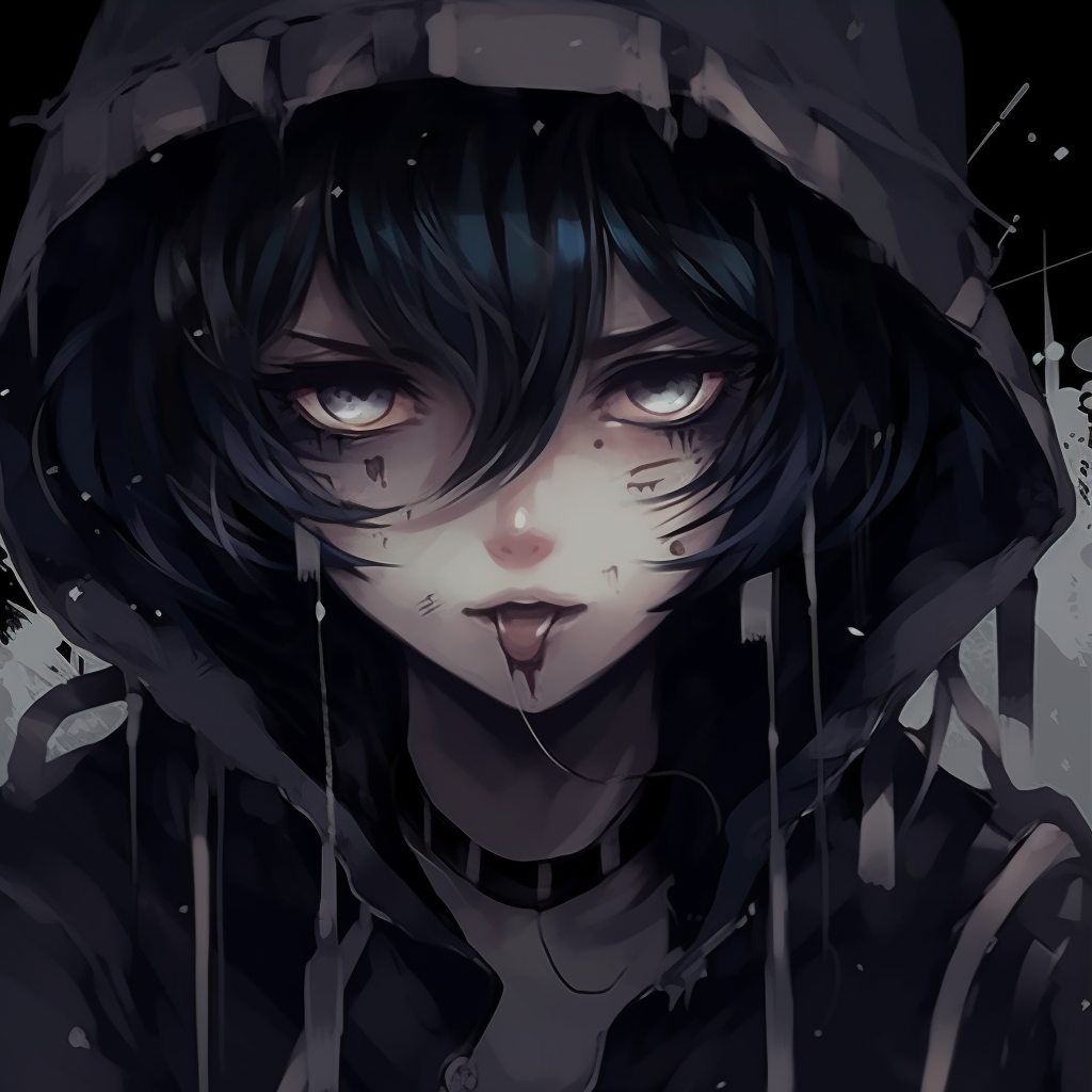 Enigmatic anime character concealed in a hood, using a dark and neutral color palette. emo anime pfp artistic styles