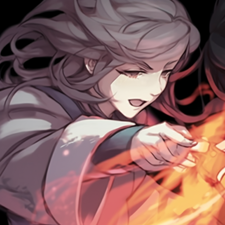 Two characters in battle stances, fiery colors and flowing lines. creative matching discord pfp pfp for discord.