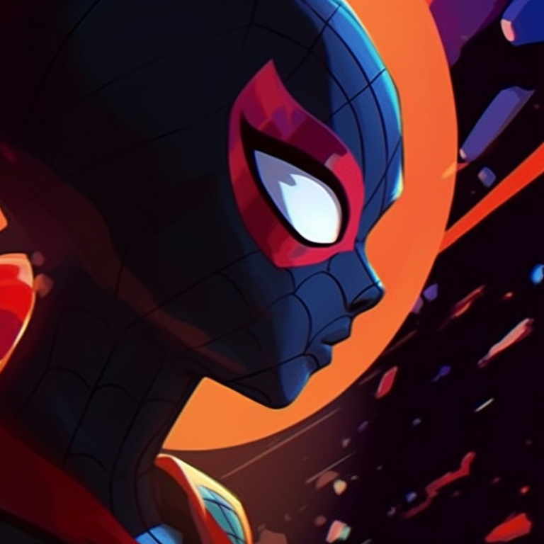 Miles and Gwen on rooftops, neon cityscape as backdrop, modern and detailed art style. significance of miles and gwen matching pfp pfp for discord.