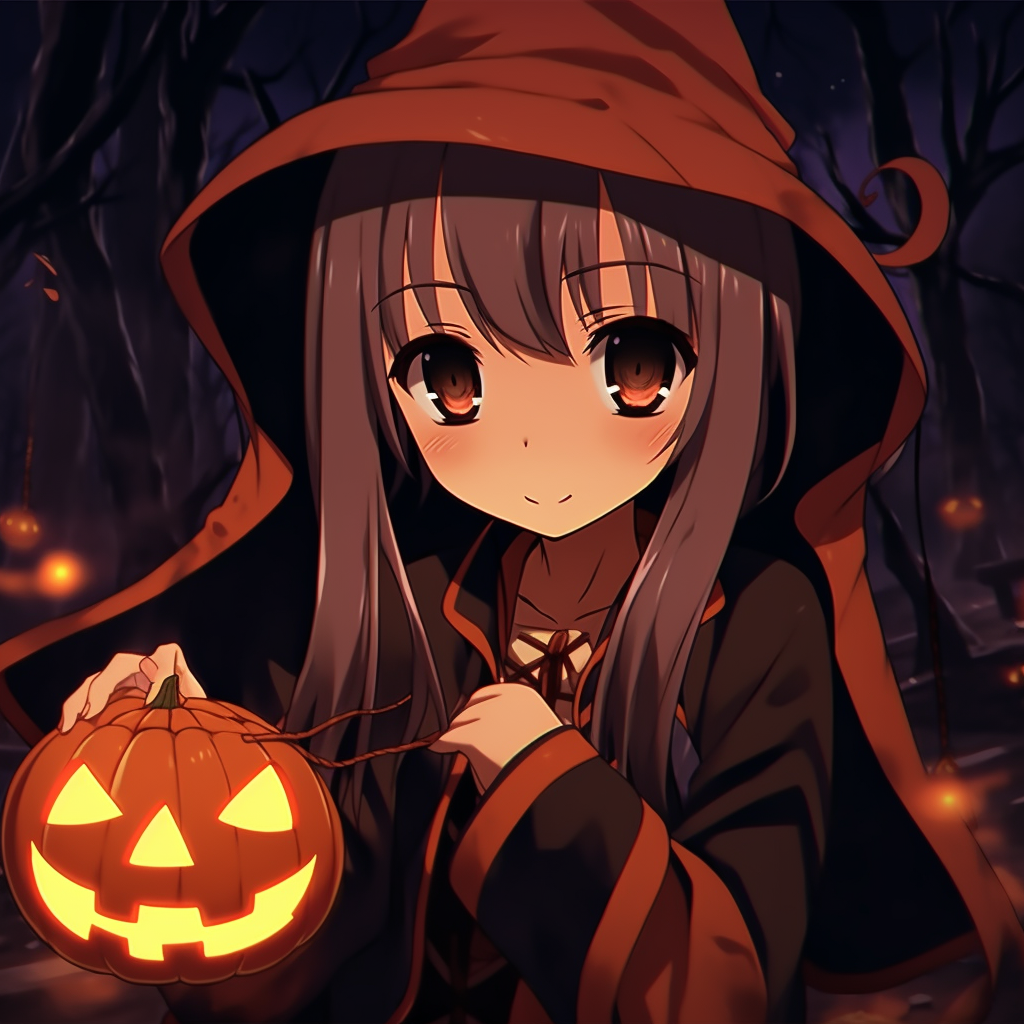 Anime character wearing a witch costume, with detailed robe and hat, in a Halloween backdrop. anime halloween pfp unison