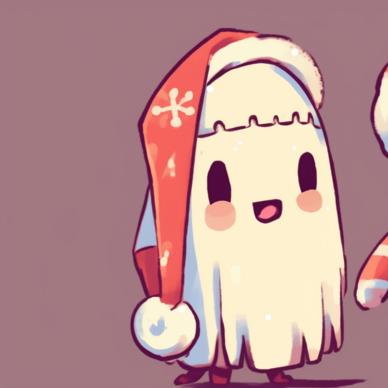 Two ghost characters, candy color palettes and simplistic design, holding a giant candy cane unique matching cute ghost christmas pfp pfp for discord.