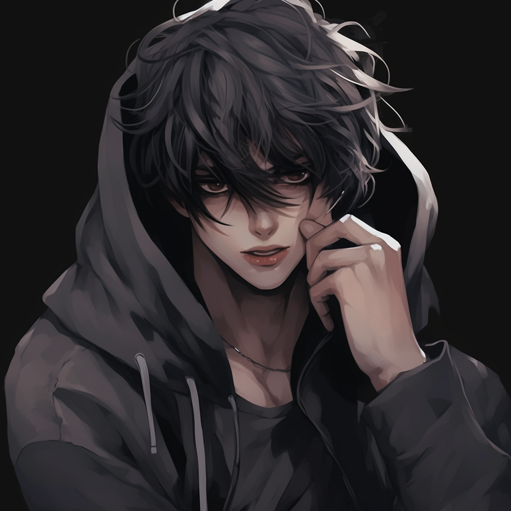 Portrait view of a masked character's mysterious, intense gaze, with a dark colored scheme. anime male pfp ideas pfp for discord.