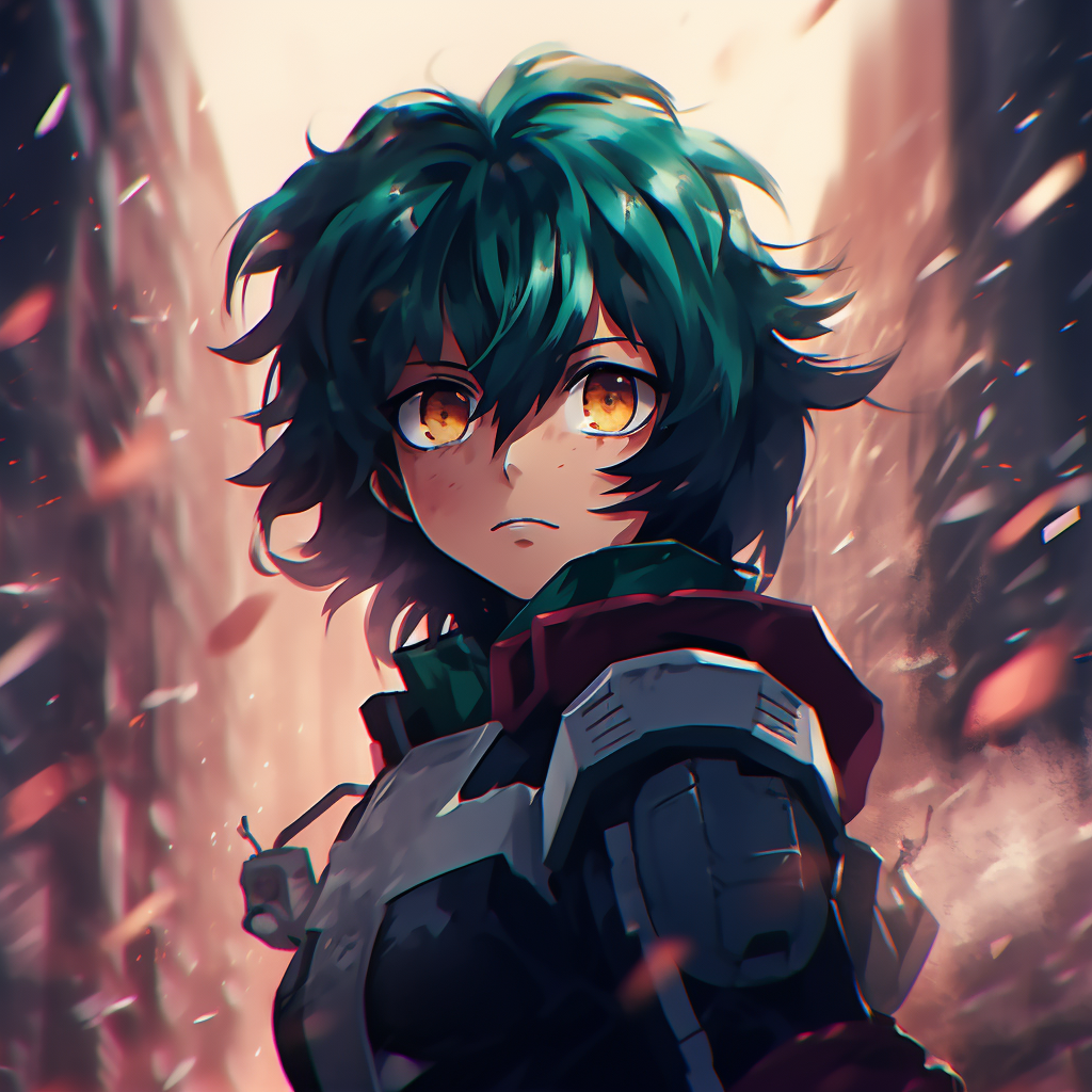 Close-up on Deku's face showing determination, fine details and focused coloring. 4k anime scene profile photos
