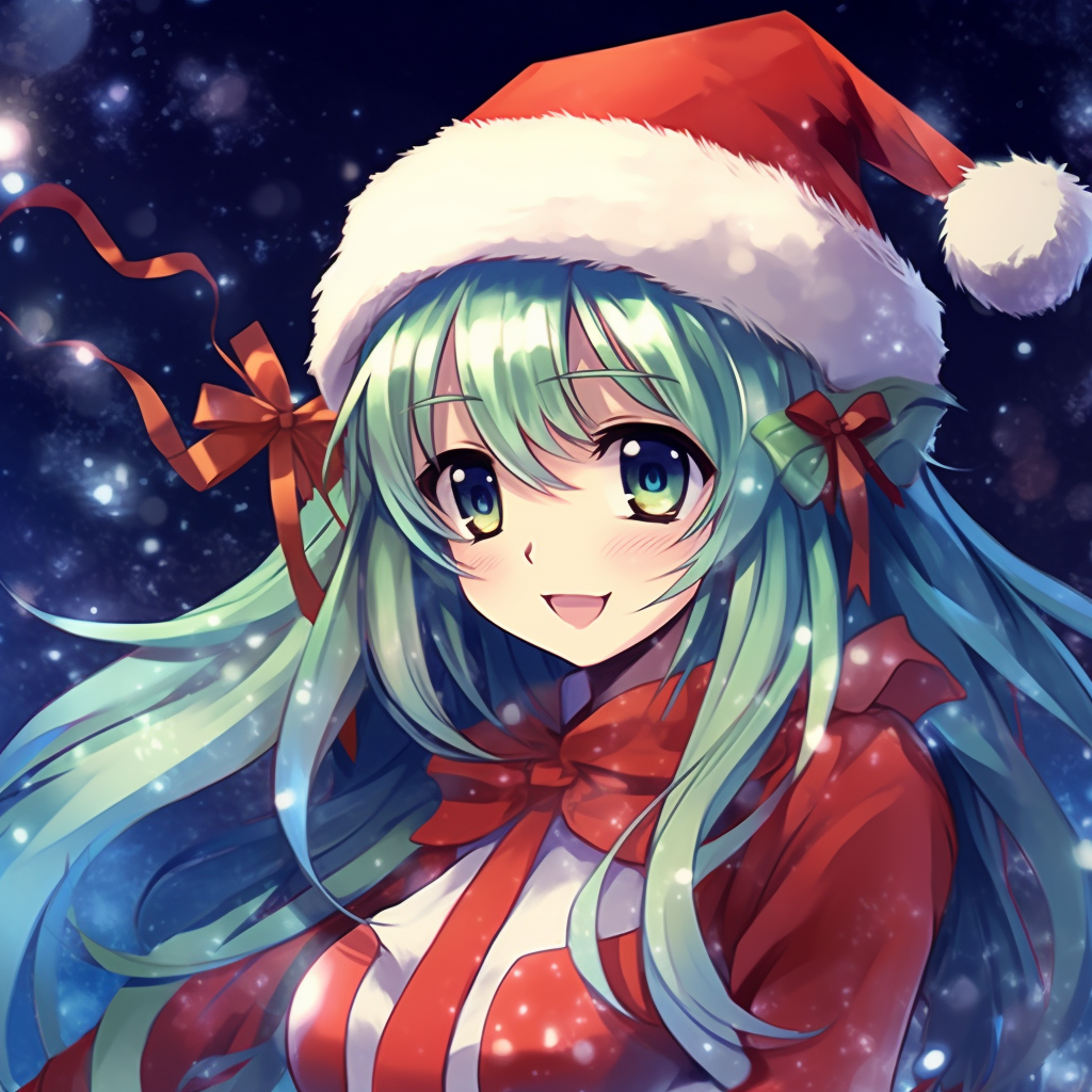 Hatsune Miku wearing a Santa cap, vivid colors and fine artwork. christmas pfp anime wallpaper