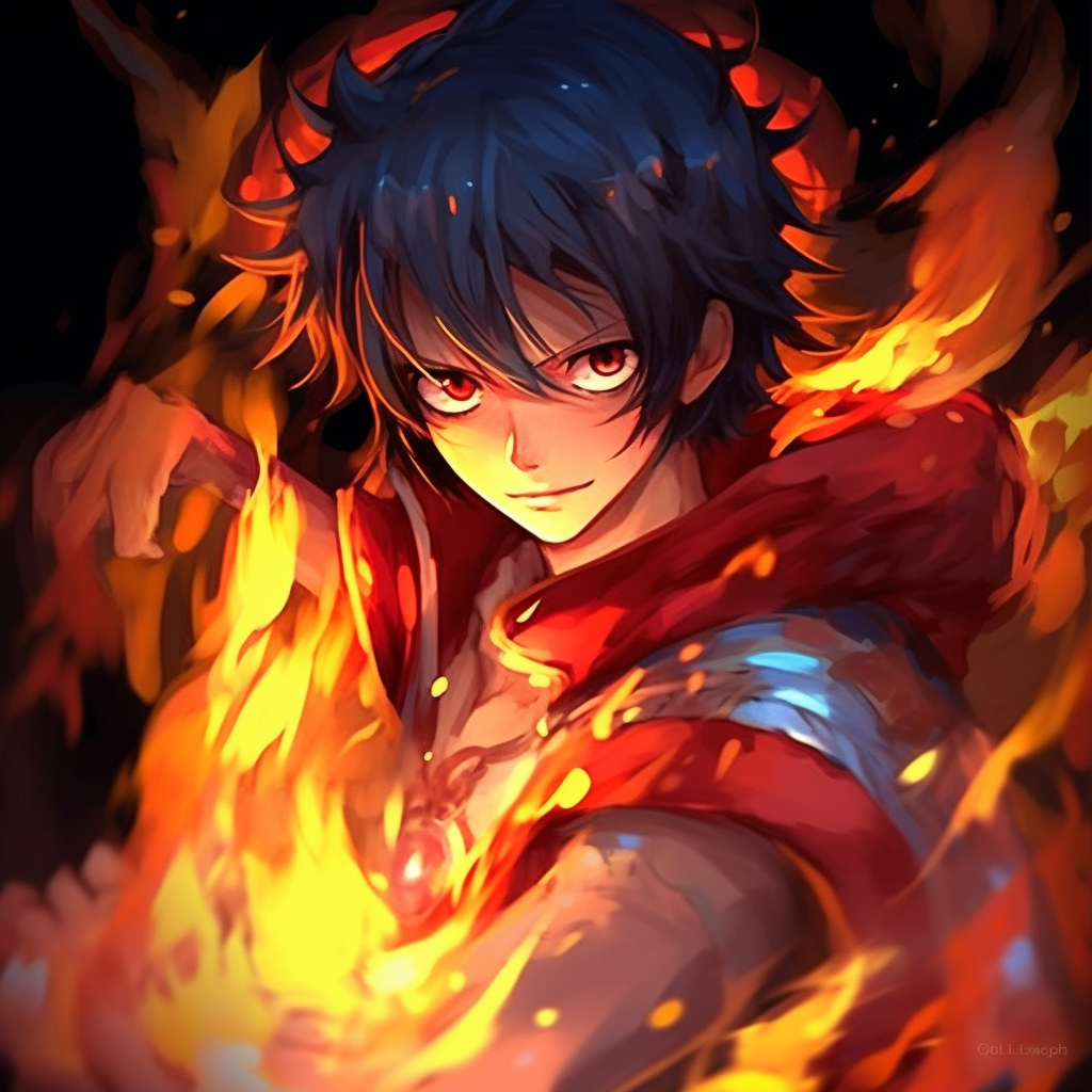Anime figure encased in fire embrace, glowing red and gold palette. top fire anime pfp