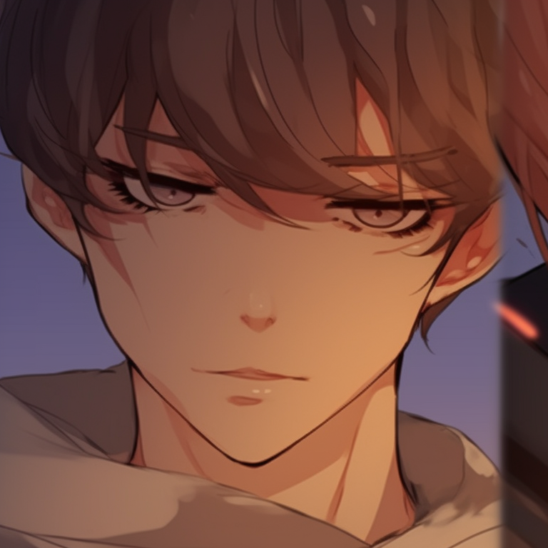 Close-up of two characters, sparkling eyes and blush hues, looking lovingly into each other's eyes. bl matching pfp creator pfp for discord.