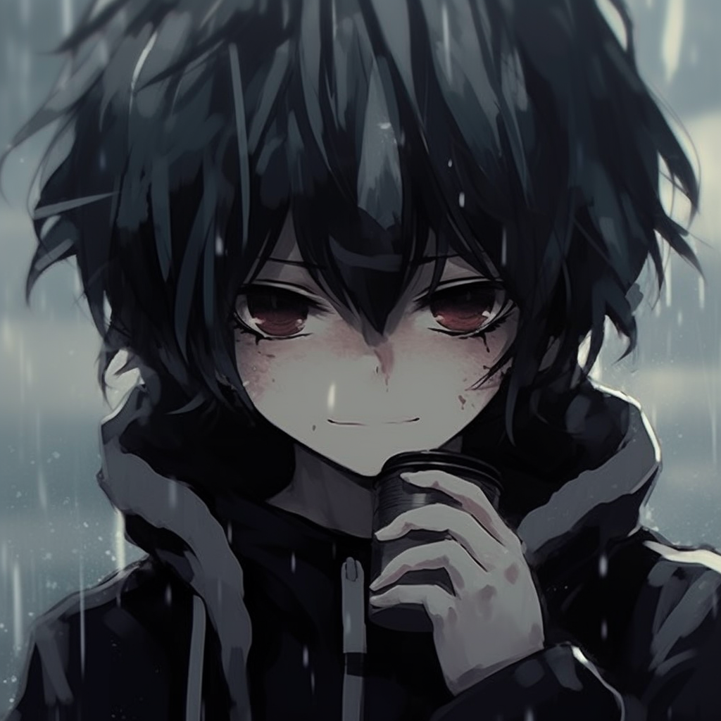 Character under a gloomy sky, muted tones and heavy lines. best of emo pfp anime