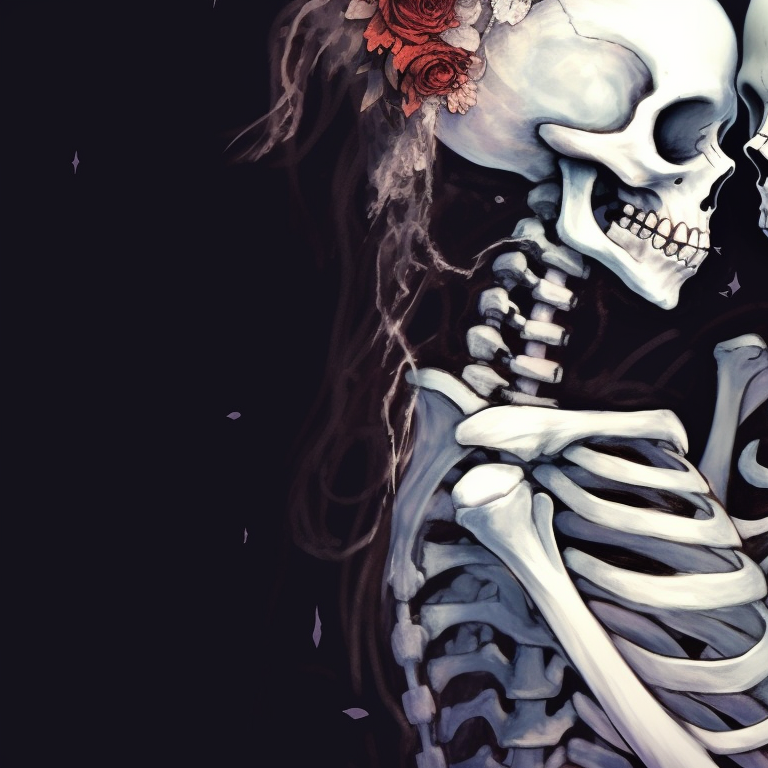 Two skeletons enjoying a quiet Christmas Eve whisper, muted colors and a moonlit backdrop. lovers in the afterlife - matching christmas skeleton pfp kissing pfp for discord.