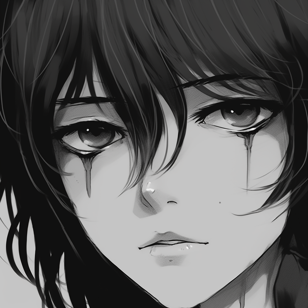 Detail of an anime character's expressive eyes, highlighting the intensity with deep blacks and sharp whites. aesthetic anime profile picture black and white