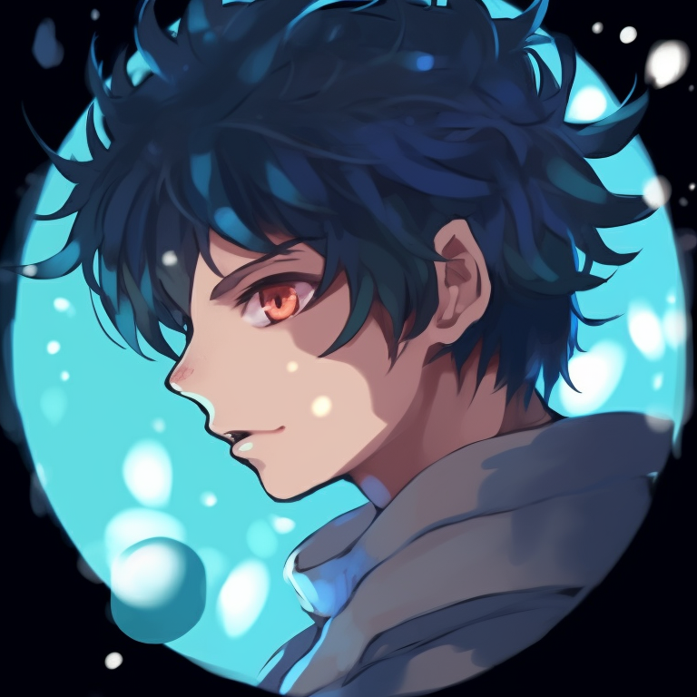 Two characters against an ocean backdrop, deep sea-blue coloring, and wavy designs. aesthetic pfp discord in blue pfp for discord.