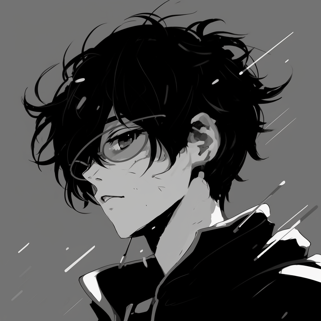 Monochrome Persona 5 character profile with striking contrast. anime black pfp aesthetics pfp for discord.