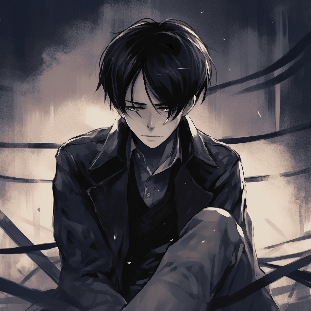 Levi Ackerman in a striking pose, using rough lines and dark colours. anime male pfp art pfp for discord.