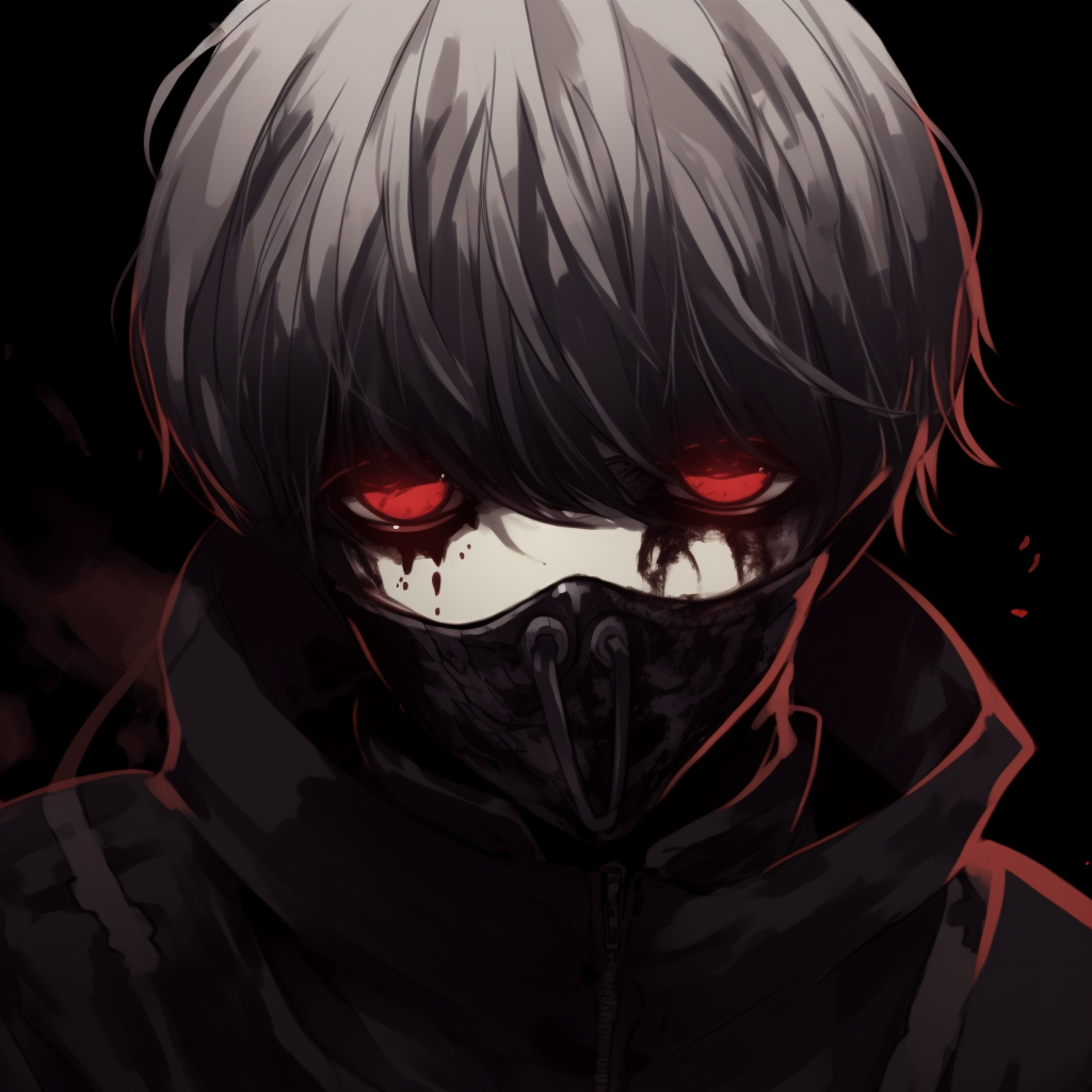 Kaneki Ken from Tokyo Ghoul wearing his gothic mask, monochrome colors with red glowing eyes. iconic gothic pfp characters in anime