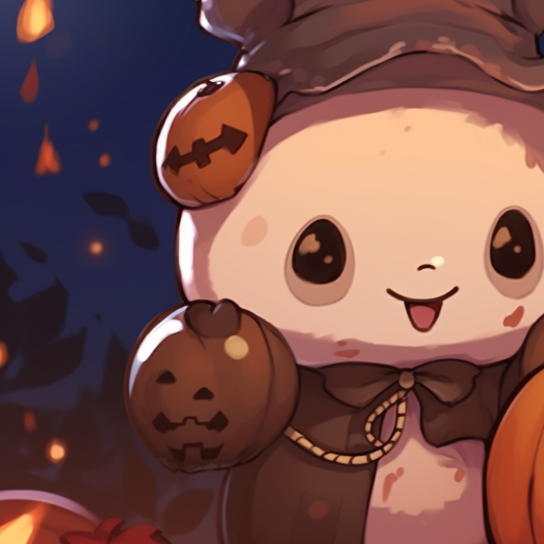 Mocha and Milk colored bear characters, nestled in a pumpkin patch with a full moon backdrop. mocha bear and milk bear halloween themed matching pfp pfp for discord.