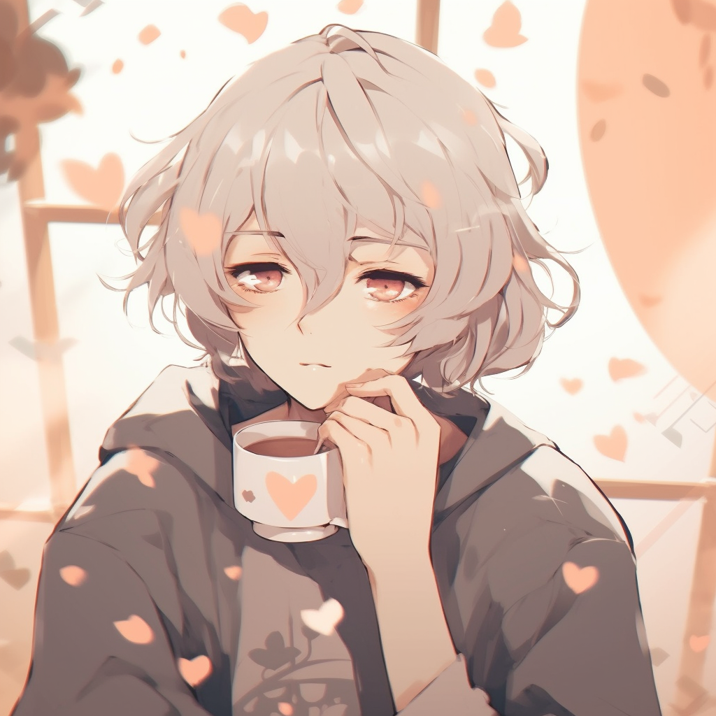 A cute anime boy sipping tea, delicate pastel tones and detailed expressions anime cute pfp for boys