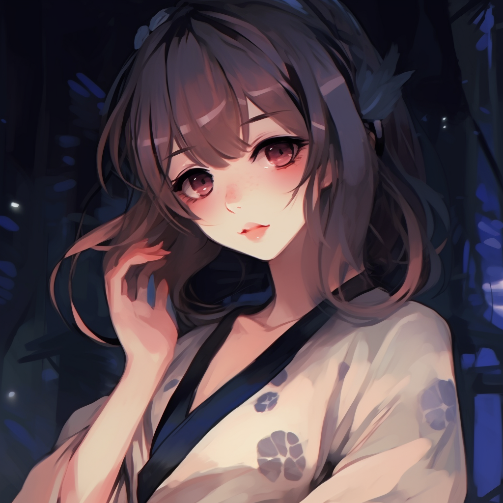 Detailed expression of Kimono Girl highlighted by the lunar backdrop, rich colors and traditional patterns. 512x512 anime pfp aesthetic