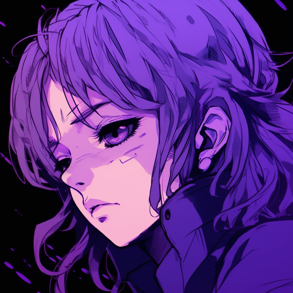 Mysterious anime character enveloped in purple mist, accentuated by high contrast. cool anime purple pfp pfp for discord.