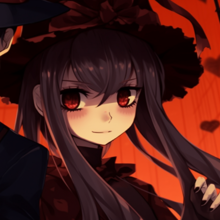 Hanako and Yashiro in spooky attire, etched lines and muted colors, sharing a playful glance. hanako and yashiro halloween theme matching pfp gallery pfp for discord.
