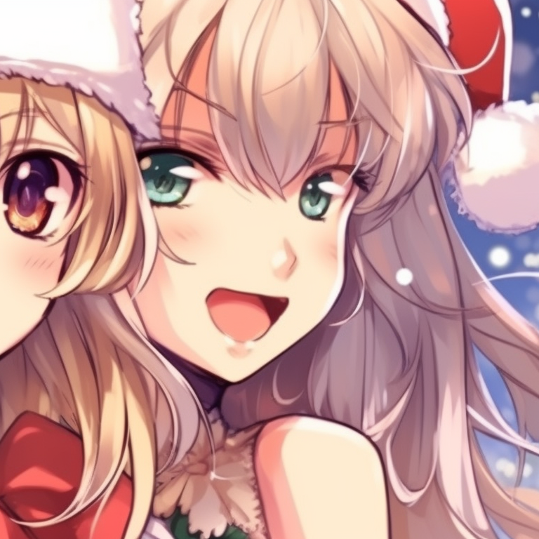 Two characters, dressed in vintage Christmas attire, soft colors and detailed shading. creative matching discord christmas pfp options pfp for discord.