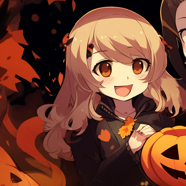 Zenitsu and Nezuko holding pumpkins, painted with deep shadows and vibrant highlights. zenitsu and nezuko halloween wallpapers pfp for discord.