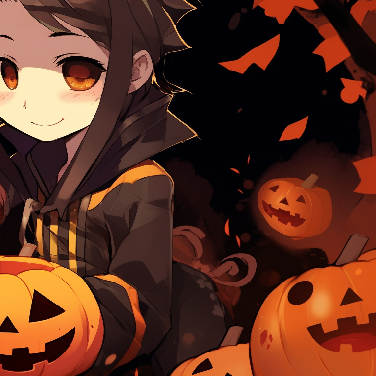 Zenitsu and Nezuko holding pumpkins, painted with deep shadows and vibrant highlights. zenitsu and nezuko halloween wallpapers pfp for discord.