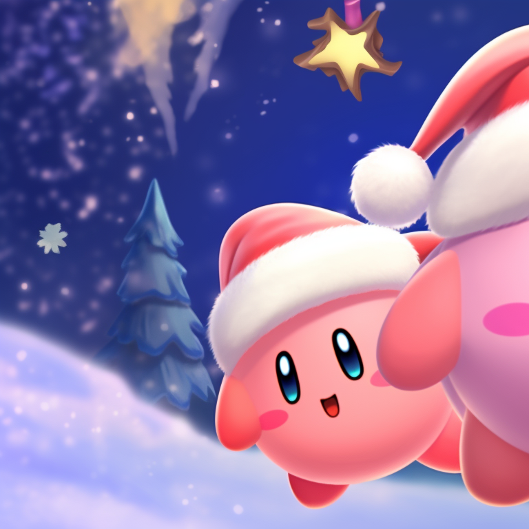 Two Kirby characters, serene winter colors and fluffy textures, gazing at falling snow. matching kirby christmas pfp ideas pfp for discord.